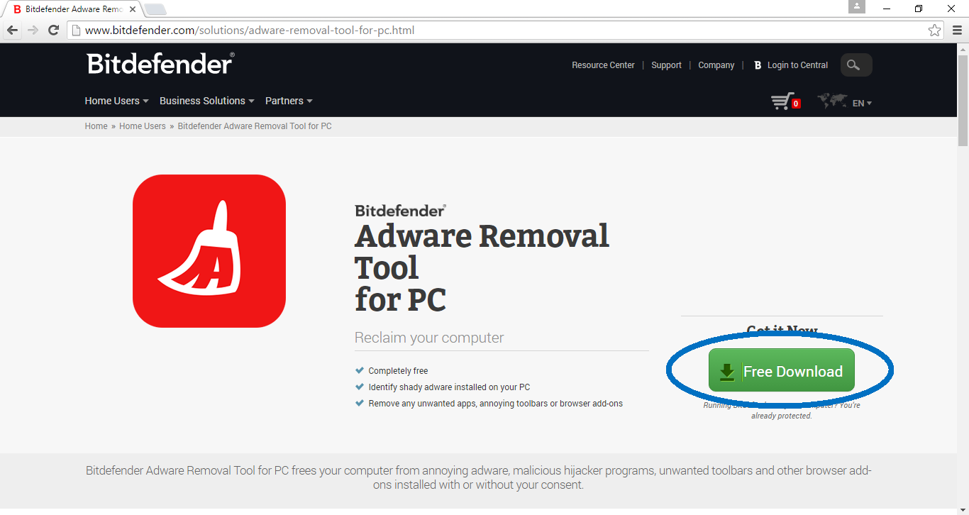 Bitdefender Adware Removal download page