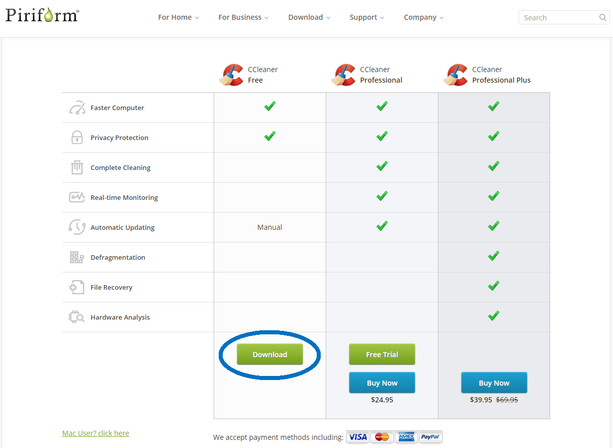 CCleaner download page