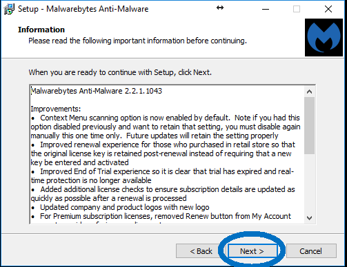 Malwarebytes important information option