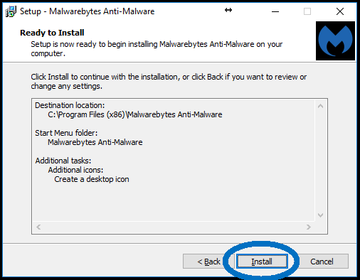 Malwarebytes install options complete